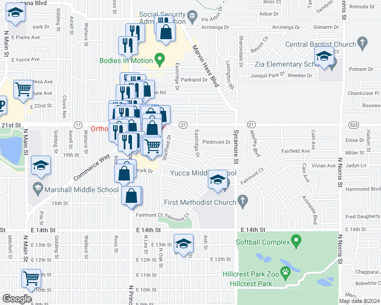 map of restaurants, bars, coffee shops, grocery stores, and more near 1324 Huntington Way in Clovis