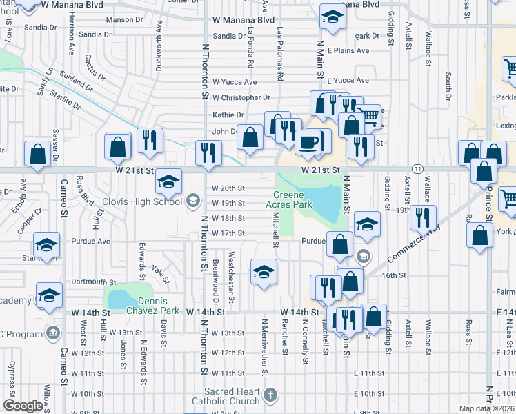 map of restaurants, bars, coffee shops, grocery stores, and more near 509 West 19th Street in Clovis