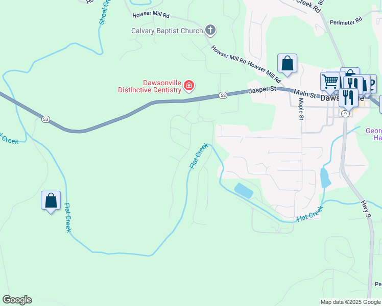 map of restaurants, bars, coffee shops, grocery stores, and more near 129 Flowing Trail in Dawsonville