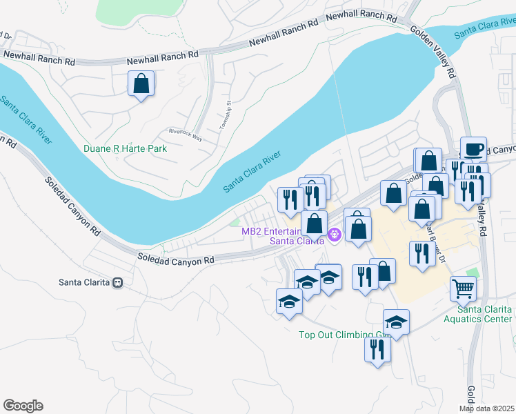 map of restaurants, bars, coffee shops, grocery stores, and more near Propello Drive in Santa Clarita