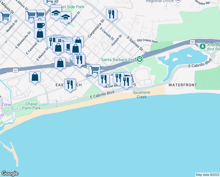 map of restaurants, bars, coffee shops, grocery stores, and more near 930 Orilla Del Mar Drive in Santa Barbara