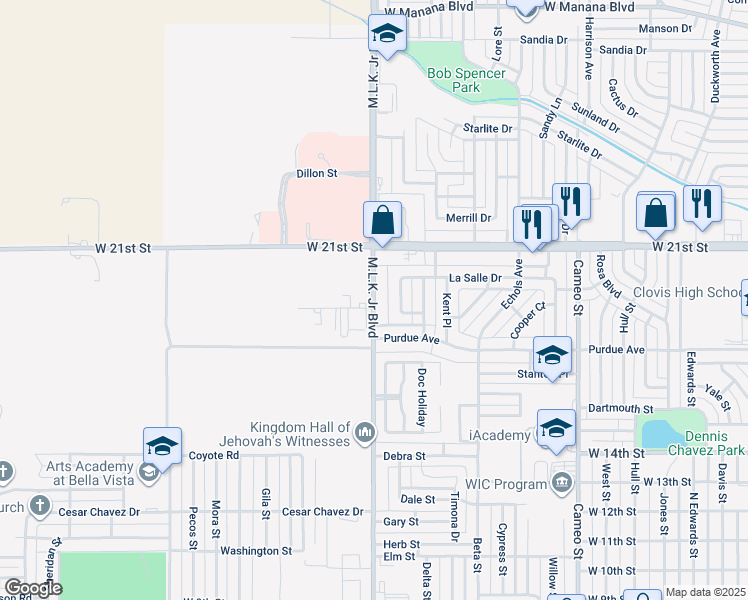 map of restaurants, bars, coffee shops, grocery stores, and more near 1809 Martin Luther King Junior Boulevard in Clovis