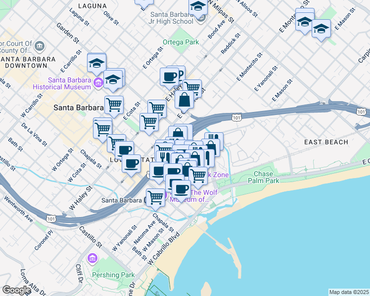 map of restaurants, bars, coffee shops, grocery stores, and more near 220 Santa Barbara Street in Santa Barbara