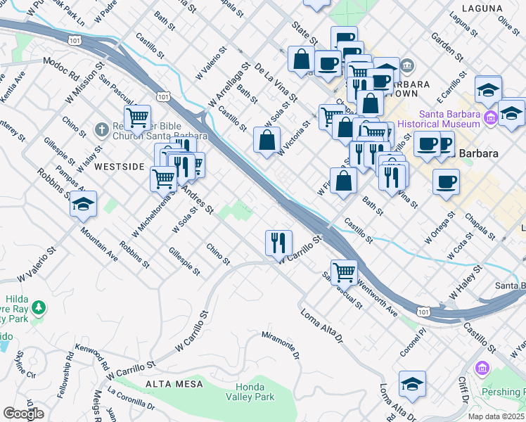 map of restaurants, bars, coffee shops, grocery stores, and more near 515 West Anapamu Street in Santa Barbara
