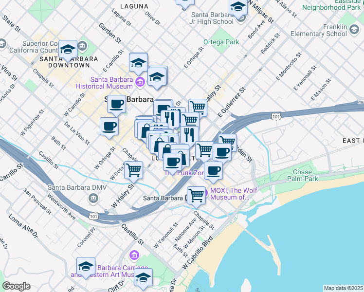 map of restaurants, bars, coffee shops, grocery stores, and more near 2 Anacapa Street in Santa Barbara