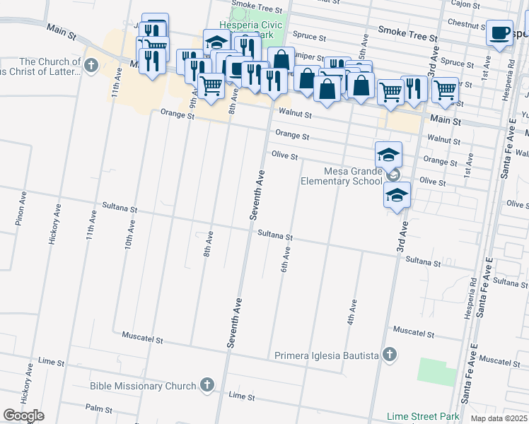 map of restaurants, bars, coffee shops, grocery stores, and more near 9133 Seventh Avenue in Hesperia