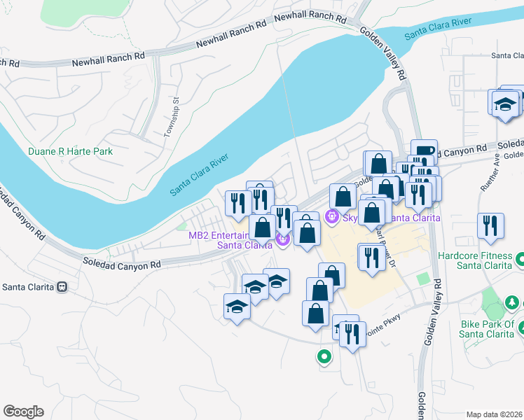 map of restaurants, bars, coffee shops, grocery stores, and more near 21424 Bramble Way in Santa Clarita