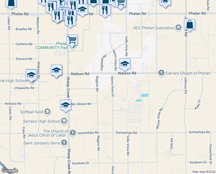 map of restaurants, bars, coffee shops, grocery stores, and more near 9222 Sierra Vista Road in Phelan