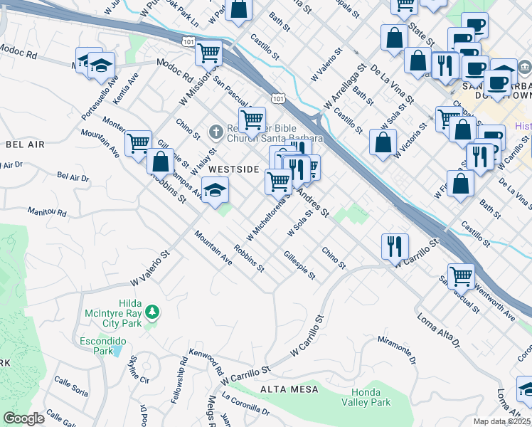 map of restaurants, bars, coffee shops, grocery stores, and more near 816 West Micheltorena Street in Santa Barbara