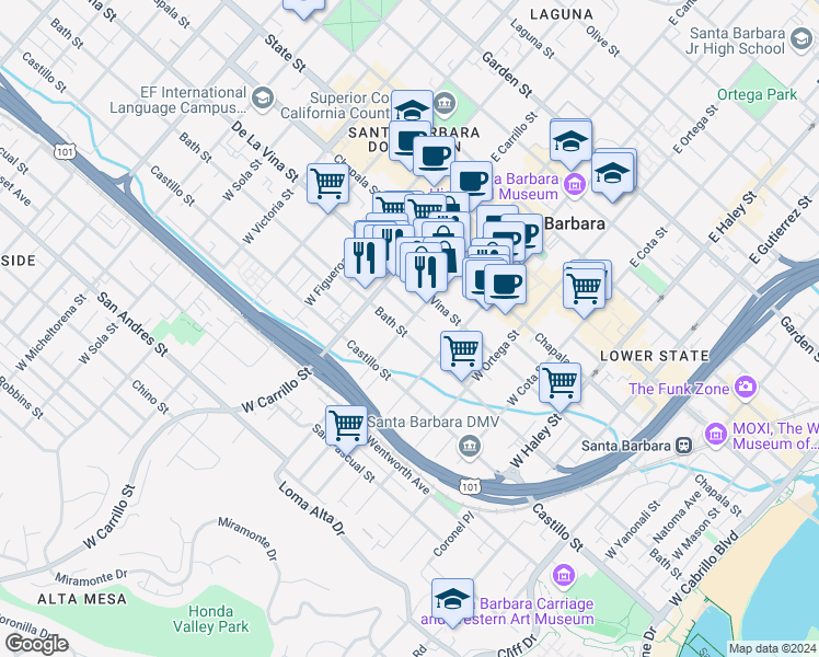 map of restaurants, bars, coffee shops, grocery stores, and more near 836 Bath Street in Santa Barbara