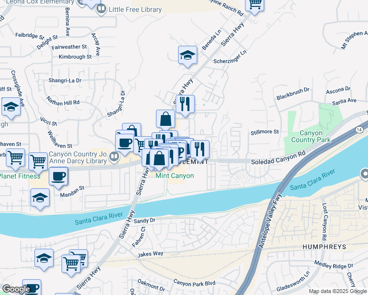 map of restaurants, bars, coffee shops, grocery stores, and more near 18323 Soledad Canyon Road in Santa Clarita