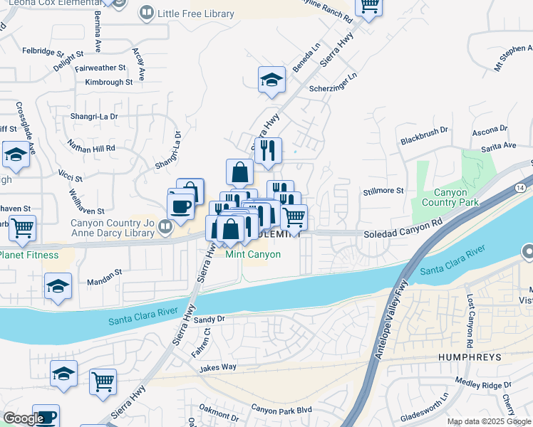 map of restaurants, bars, coffee shops, grocery stores, and more near 18323 Soledad Canyon Road in Santa Clarita