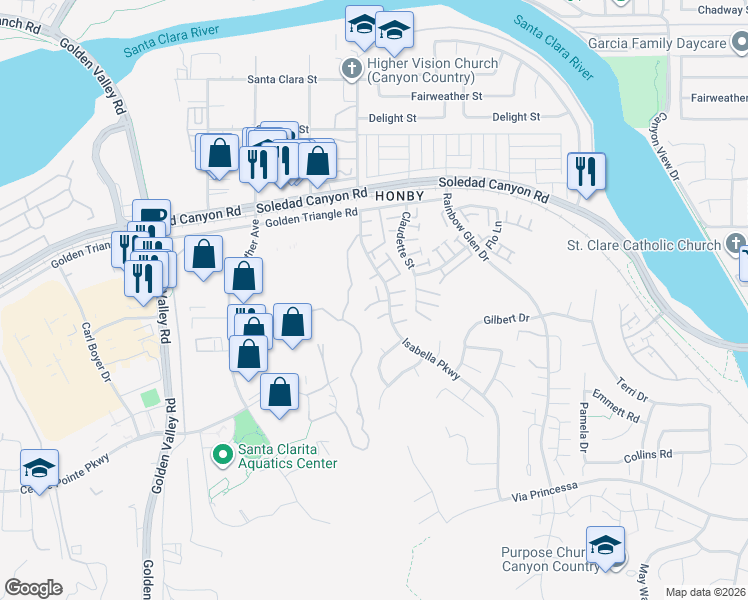 map of restaurants, bars, coffee shops, grocery stores, and more near 26719 Isabella Parkway in Santa Clarita