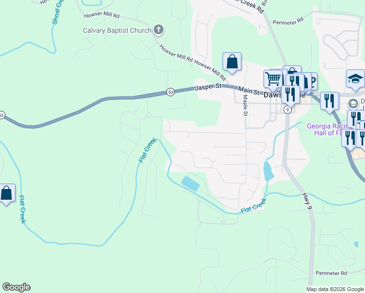 map of restaurants, bars, coffee shops, grocery stores, and more near 430 Angela Lane in Dawsonville