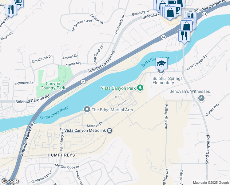 map of restaurants, bars, coffee shops, grocery stores, and more near 17089 Zion Drive in Santa Clarita
