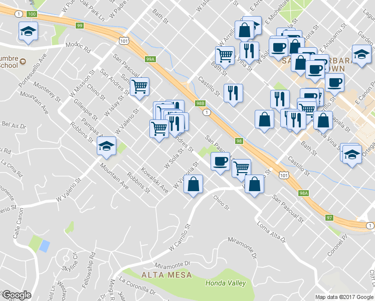 map of restaurants, bars, coffee shops, grocery stores, and more near 1331 San Andres Street in Santa Barbara