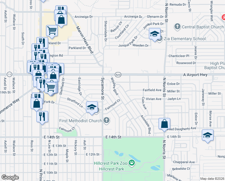 map of restaurants, bars, coffee shops, grocery stores, and more near 1920 Wilshire Boulevard in Clovis