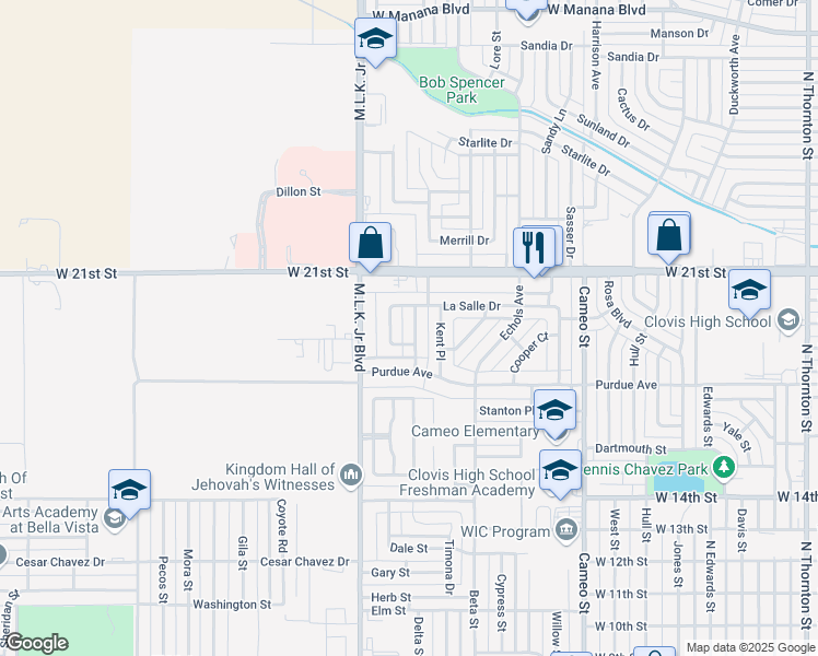 map of restaurants, bars, coffee shops, grocery stores, and more near 1920 Franklin Drive in Clovis