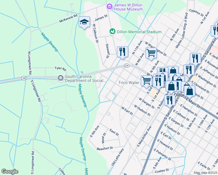 map of restaurants, bars, coffee shops, grocery stores, and more near 702 West Hudson Street in Dillon