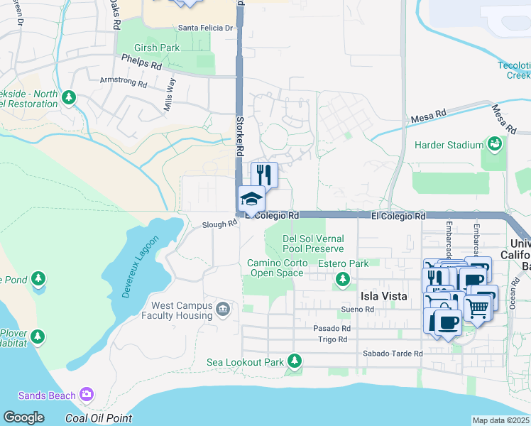 map of restaurants, bars, coffee shops, grocery stores, and more near 6850 El Colegio Road in Santa Barbara