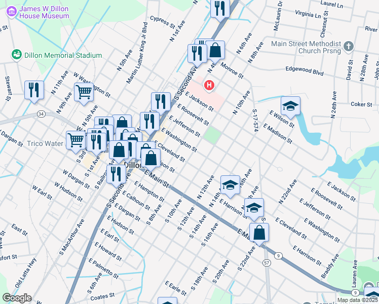 map of restaurants, bars, coffee shops, grocery stores, and more near 408 East Washington Street in Dillon