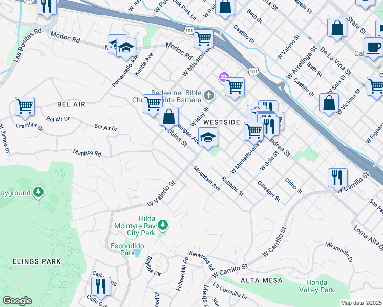 map of restaurants, bars, coffee shops, grocery stores, and more near 1711 Robbins Street in Santa Barbara