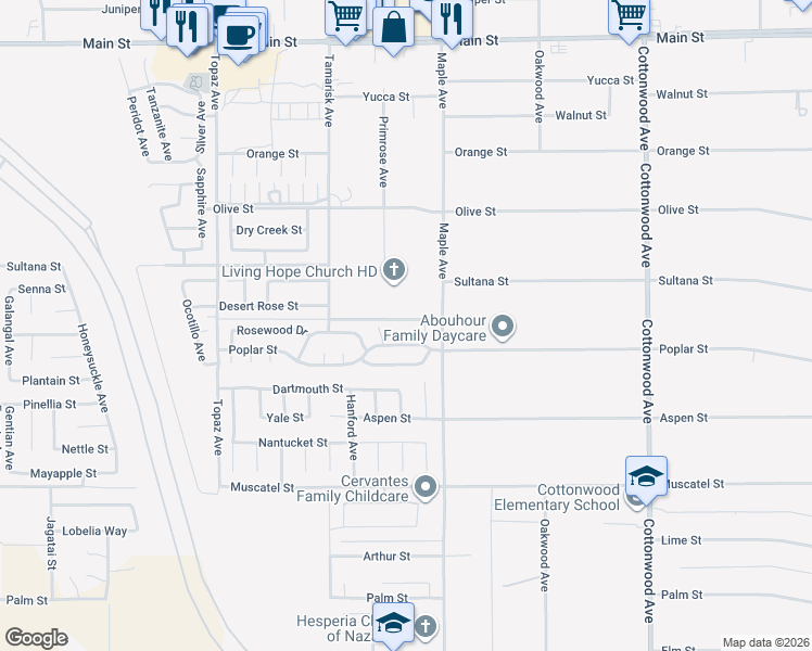 map of restaurants, bars, coffee shops, grocery stores, and more near 9191 Cherrywood Lane in Hesperia