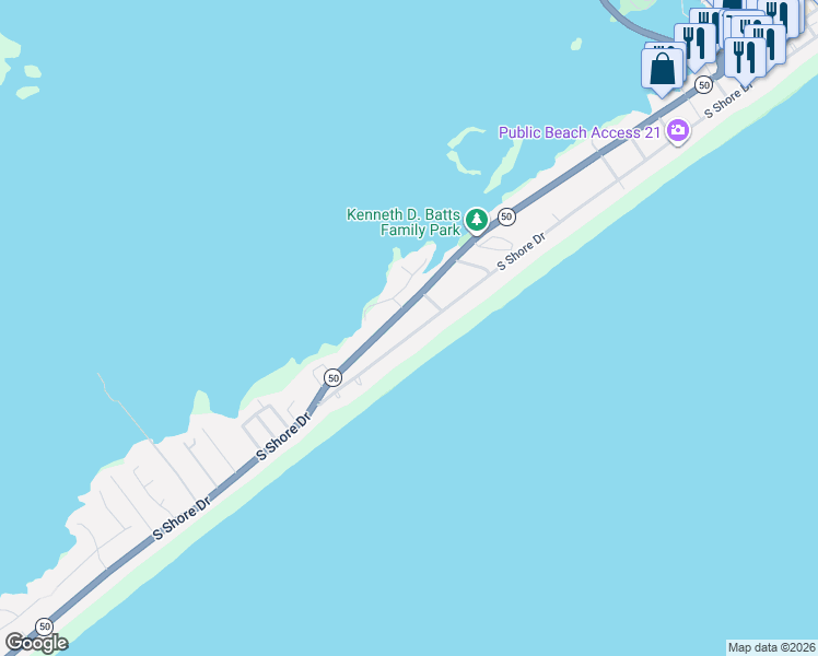 map of restaurants, bars, coffee shops, grocery stores, and more near 1115 South Shore Drive in Surf City