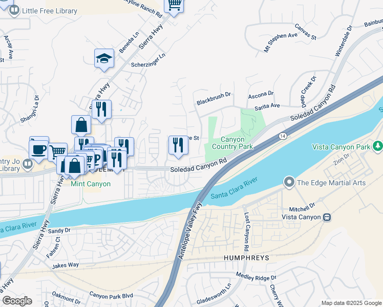 map of restaurants, bars, coffee shops, grocery stores, and more near 17900 Wellhaven Street in Santa Clarita