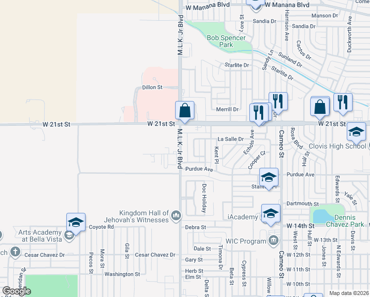 map of restaurants, bars, coffee shops, grocery stores, and more near 1809 Martin Luther King Junior Boulevard in Clovis