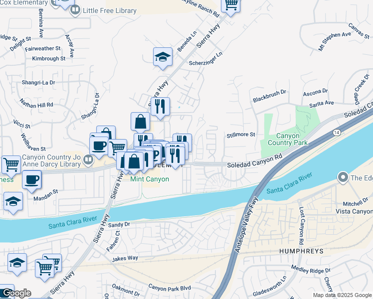 map of restaurants, bars, coffee shops, grocery stores, and more near 18223 Soledad Canyon Road in Santa Clarita