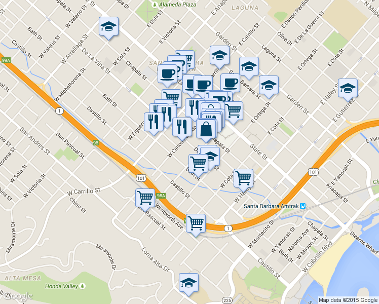 map of restaurants, bars, coffee shops, grocery stores, and more near 828 Bath Street in Santa Barbara
