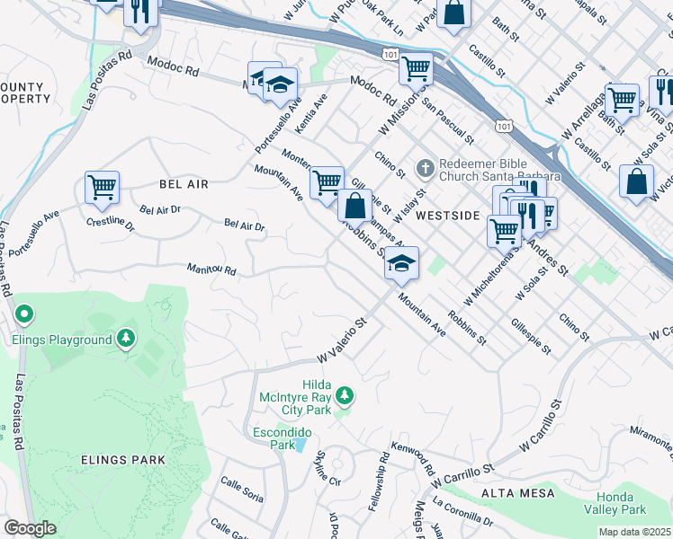 map of restaurants, bars, coffee shops, grocery stores, and more near 1057 Manitou Road in Santa Barbara