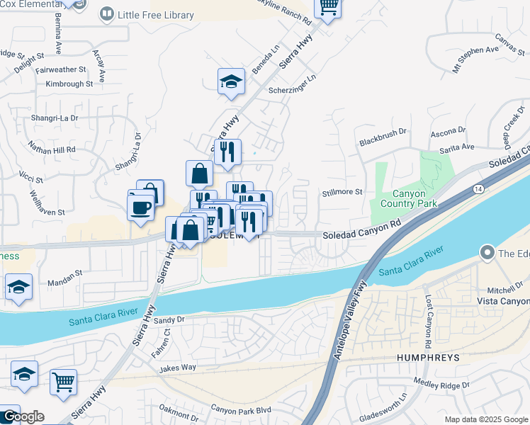 map of restaurants, bars, coffee shops, grocery stores, and more near 18223 Soledad Canyon Road in Santa Clarita