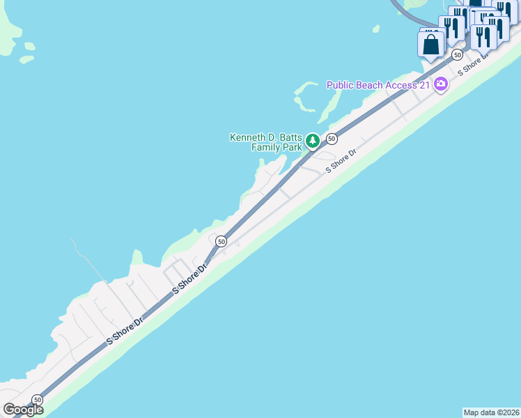 map of restaurants, bars, coffee shops, grocery stores, and more near 1115 South Shore Drive in Surf City