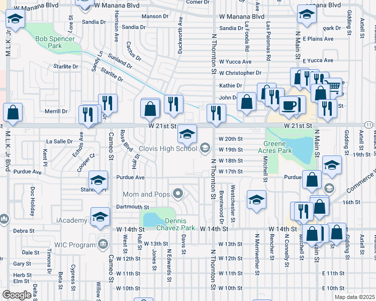 map of restaurants, bars, coffee shops, grocery stores, and more near 1900 North Thornton Street in Clovis