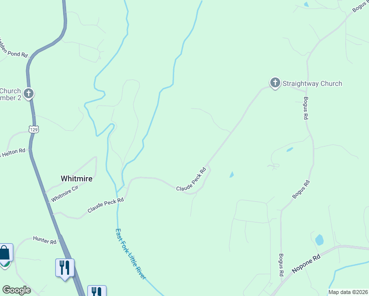 map of restaurants, bars, coffee shops, grocery stores, and more near 4579 Claude Peck Road in Gainesville