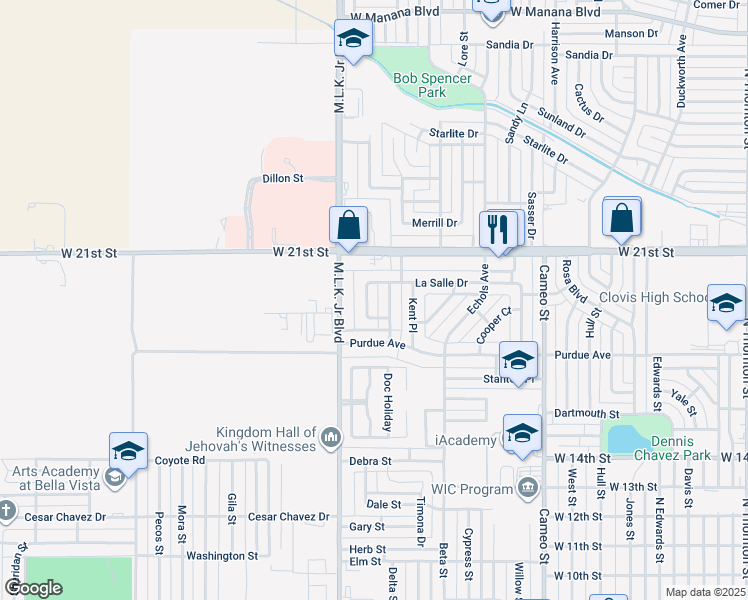 map of restaurants, bars, coffee shops, grocery stores, and more near 525 La Salle Drive in Clovis