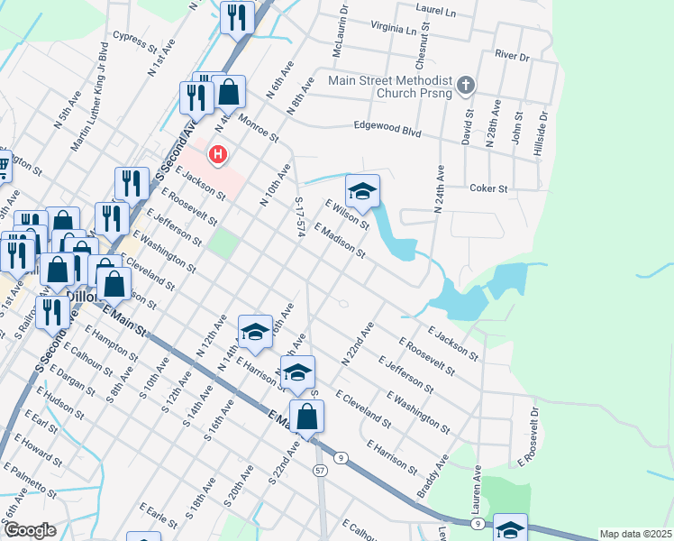 map of restaurants, bars, coffee shops, grocery stores, and more near 910 East Jackson Street in Dillon