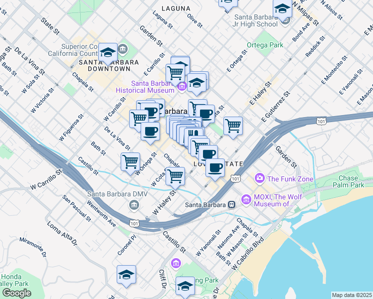 map of restaurants, bars, coffee shops, grocery stores, and more near 539 State Street in Santa Barbara
