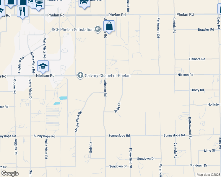 map of restaurants, bars, coffee shops, grocery stores, and more near 9185 Johnson Road in Phelan