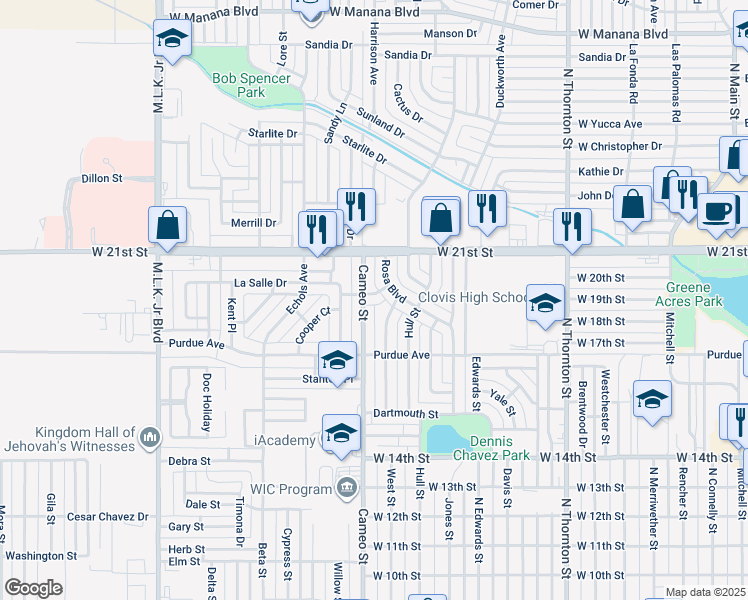 map of restaurants, bars, coffee shops, grocery stores, and more near 109 West Mable Street in Clovis