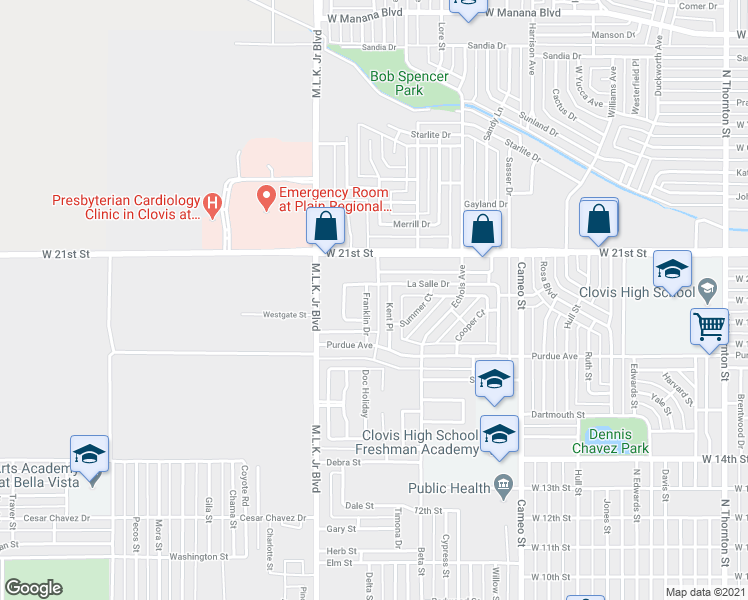 map of restaurants, bars, coffee shops, grocery stores, and more near 1925 Franklin Drive in Clovis