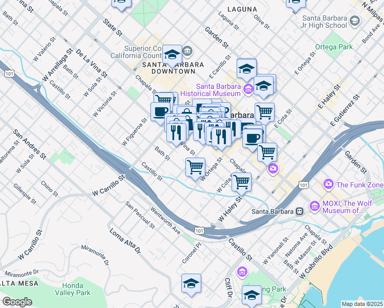 map of restaurants, bars, coffee shops, grocery stores, and more near 805 De La Vina Street in Santa Barbara