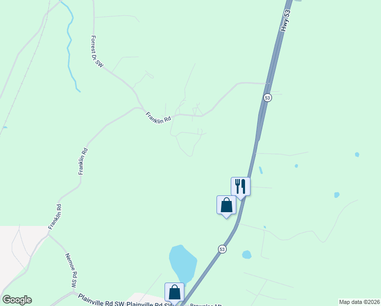 map of restaurants, bars, coffee shops, grocery stores, and more near 236 Hardin Road Southwest in Plainville