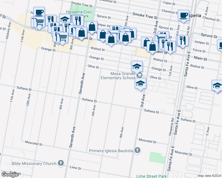 map of restaurants, bars, coffee shops, grocery stores, and more near 9178 5th Avenue in Hesperia