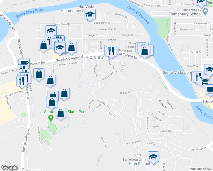 map of restaurants, bars, coffee shops, grocery stores, and more near 26784 Claudette Street in Santa Clarita