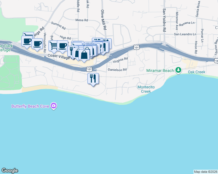 map of restaurants, bars, coffee shops, grocery stores, and more near 50 Olive Mill Road in Montecito