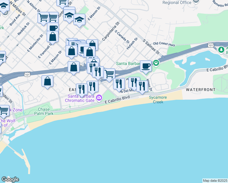 map of restaurants, bars, coffee shops, grocery stores, and more near 415 South Milpas Street in Santa Barbara