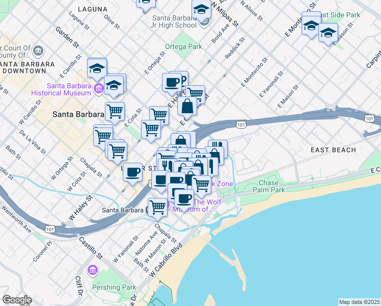 map of restaurants, bars, coffee shops, grocery stores, and more near 220 Santa Barbara Street in Santa Barbara